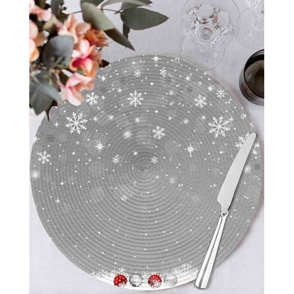 15 Inch Round Placemats Set of 4, Grey Christmas Non Slip Heat Insulation PP Table Mats, Xmas Snowflake Ball Winter Snowflake Washable Place Mats for Kitchen Dining Party Table Decor