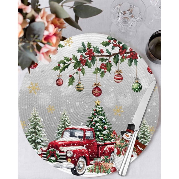 15 Inch Round Placemats Set of 4, Grey Christmas Non Slip Heat Insulation PP Table Mats, Xmas Snowman Truck Snowflake Tree Balls Washable Place Mats for Kitchen Dining Party Table Decor