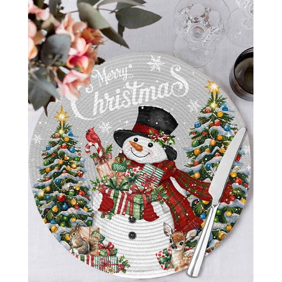 15 Inch Round Placemats Set of 4, Grey Christmas Snowman Non Slip Heat Insulation PP Table Mats, Xmas Tree Snowflake Botanical Washable Place Mats for Kitchen Dining Party Table Decor
