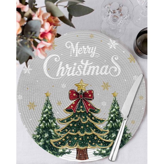 15 Inch Round Placemats Set of 4, Grey Christmas Tree Non Slip Heat Insulation PP Table Mats, Snowflake Tree Xmas Washable Place Mats for Kitchen Dining Party Table Decor