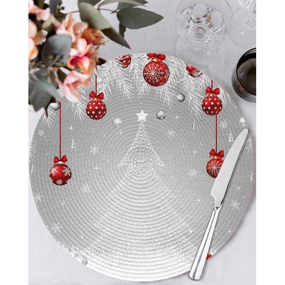 15 Inch Round Placemats Set of 4, Grey Christmas Tree Non Slip Heat Insulation PP Table Mats, Xmas Balls Pine Needles Snowflake Washable Place Mats for Kitchen Dining Party Table Decor