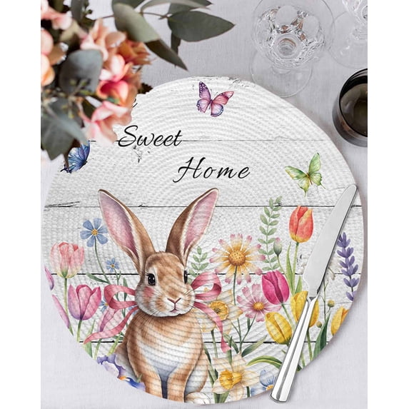 15 Inch Round Placemats Set of 4, Grey Easter Non Slip Heat Insulation PP Table Mats, Spring Watercolor Tulip Flower Plant Wood Grain Washable Place Mats for Kitchen Dining Party Table Decor