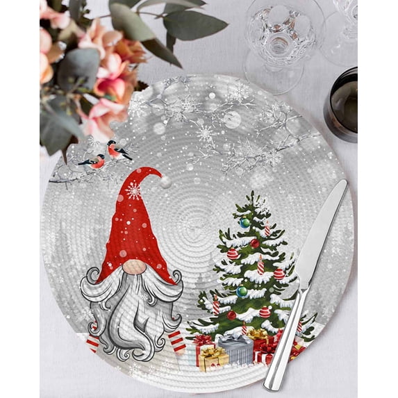 15 Inch Round Placemats Set of 4, Grey Red Christmas Non Slip Heat Insulation PP Table Mats, Gnomes Xmas Tree Snowflake Winter Gifts Washable Place Mats for Kitchen Dining Party Table Decor