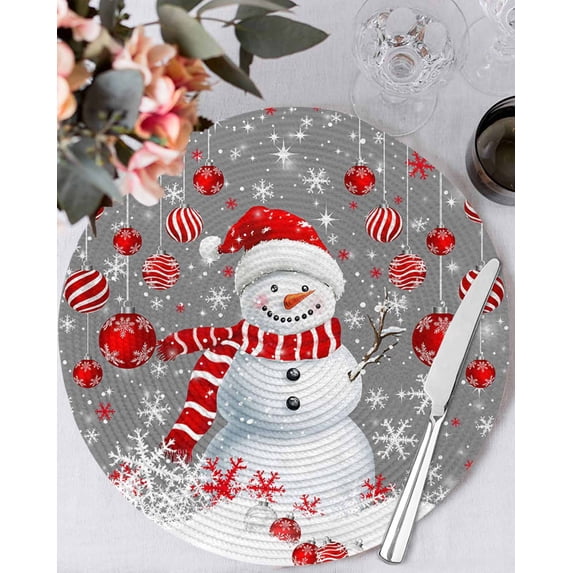 15 Inch Round Placemats Set of 4, Grey Snowman Christmas Non Slip Heat Insulation PP Table Mats, Xmas Balls Snowflake Washable Place Mats for Kitchen Dining Party Table Decor