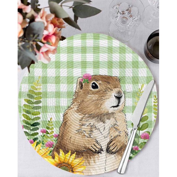 15 Inch Round Placemats Set of 4, Groundhog Day Non Slip Heat Insulation PP Table Mats, Green Plaid Sunflower Spring Floral Washable Place Mats for Kitchen Dining Party Table Decor