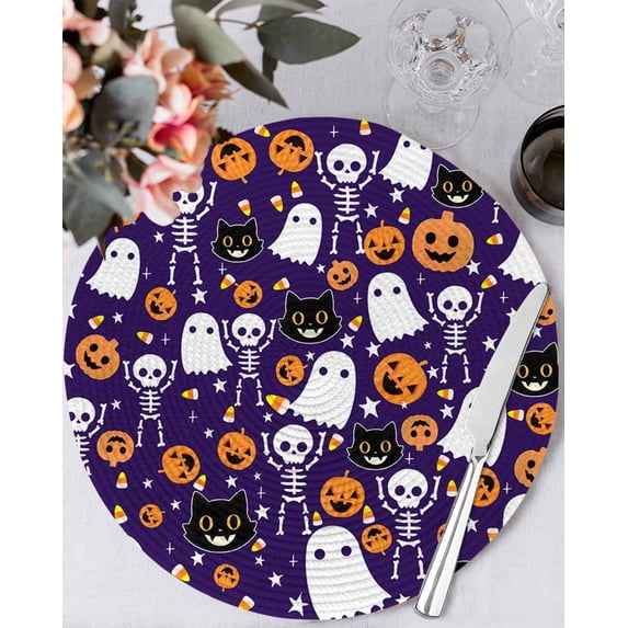 15 Inch Round Placemats Set of 4, Halloween Purple Non Slip Heat Insulation PP Table Mats, Black White Ghost Orange Skull Pumpkin Washable Place Mats for Kitchen Dining Party Table Decor