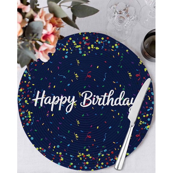 15 Inch Round Placemats Set of 4, Happy Birthday Non Slip Heat Insulation PP Table Mats, Navy Blue Modern Abstract Art Washable Place Mats for Kitchen Dining Party Table Decor