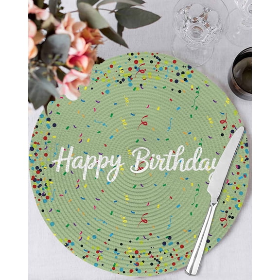 15 Inch Round Placemats Set of 4, Happy Birthday Non Slip Heat Insulation PP Table Mats, Sage Green Modern Abstract Art Washable Place Mats for Kitchen Dining Party Table Decor