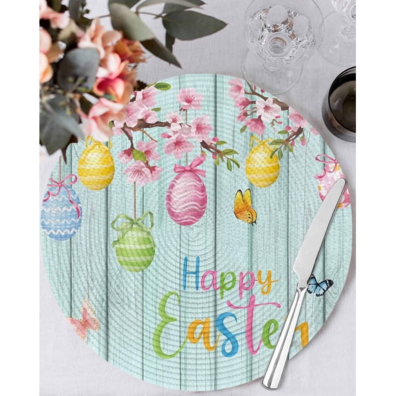 15 Inch Round Placemats Set of 4, Happy Easter Non Slip Heat Insulation PP Table Mats, Spring Colorful Eggs Butterfly Teal Wood Grain Washable Place Mats for Kitchen Dining Party Table Decor