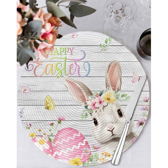 15 Inch Round Placemats Set of 4, Happy Easter Non Slip Heat Insulation PP Table Mats, Spring Easter Bunny Eggs Floral Gray Wooden Washable Place Mats for Kitchen Dining Party Table Decor