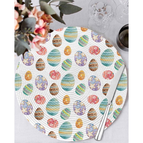15 Inch Round Placemats Set of 4, Happy Easter Non Slip Heat Insulation PP Table Mats, Spring Funny Colorful Eggs Star Flowers Washable Place Mats for Kitchen Dining Party Table Decor
