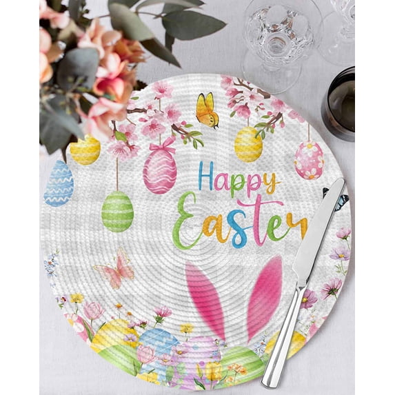 15 Inch Round Placemats Set of 4, Happy Easter Non Slip Heat Insulation PP Table Mats, Spring Watercolor Bunny Eggs Flower Grey Plaid Washable Place Mats for Kitchen Dining Party Table Decor