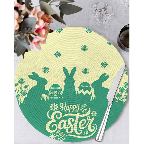 15 Inch Round Placemats Set of 4, Happy Easter Rabbits Non Slip Heat Insulation PP Table Mats, Spring Daisy Green Silhouette Yellow Washable Place Mats for Kitchen Dining Party Table Decor