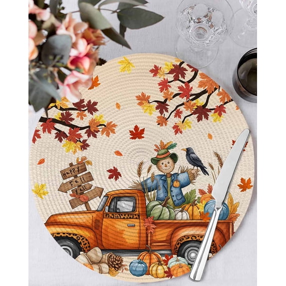 15 Inch Round Placemats Set of 4, Happy Fall Non Slip Heat Insulation PP Table Mats, Thanksgiving Truck Pumpkin Leaf Scarecrows Washable Place Mats for Kitchen Dining Party Table Decor