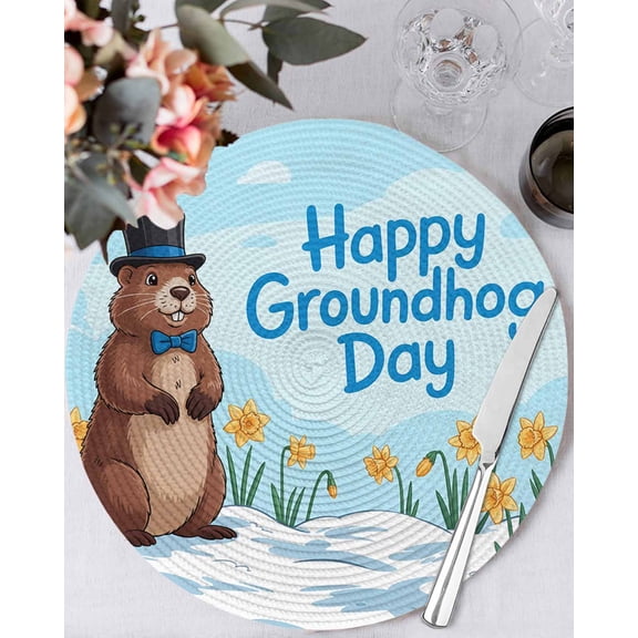 15 Inch Round Placemats Set of 4, Happy Groundhog Day Non Slip Heat Insulation PP Table Mats, Cartoon Cute Ground Hog Flowers Sky Blue Washable Place Mats for Kitchen Dining Party Table Decor