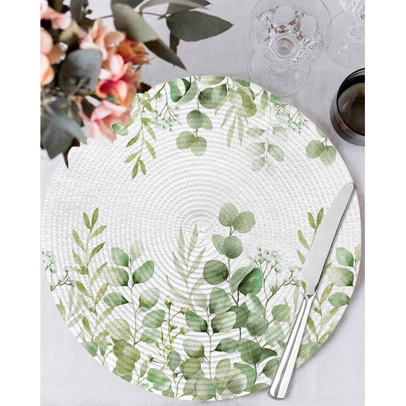 15 Inch Round Placemats Set of 4, Light Green Eucalyptus Leaves Non Slip Heat Insulation PP Table Mats, Watercolor Spring Summer Botanical Washable Place Mats for Kitchen Dining Party Table Decor