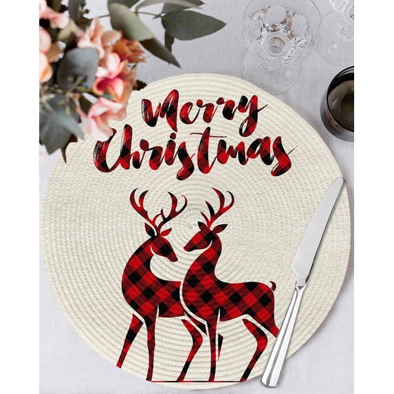 15 Inch Round Placemats Set of 4, Merry Christmas Non Slip Heat Insulation PP Table Mats, Beige Xmas Elk Seasonal Winter Holiday Washable Place Mats for Kitchen Dining Party Table Decor