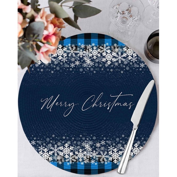 15 Inch Round Placemats Set of 4, Merry Christmas Non Slip Heat Insulation PP Table Mats, Winter Holiday Xmas Snowflake Blue Plaid Washable Place Mats for Kitchen Dining Party Table Decor