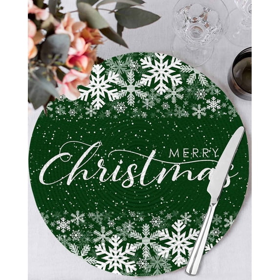 15 Inch Round Placemats Set of 4, Merry Christmas Non Slip Heat Insulation PP Table Mats, Winter Snowflake Xmas Aesthetic Green Washable Place Mats for Kitchen Dining Party Table Decor