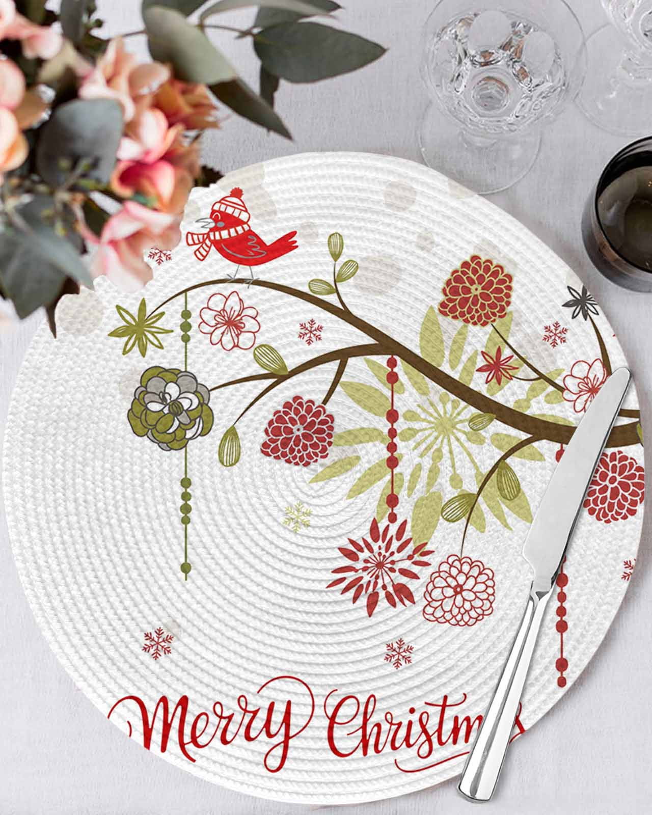 15 Inch Round Placemats Set of 4, Merry Christmas Non Slip Heat ...
