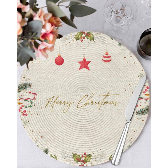 15 Inch Round Placemats Set of 4, Merry Christmas Non Slip Heat Insulation PP Table Mats, Xmas Pine Branch Red Star Balls Berries Washable Place Mats for Kitchen Dining Party Table Decor