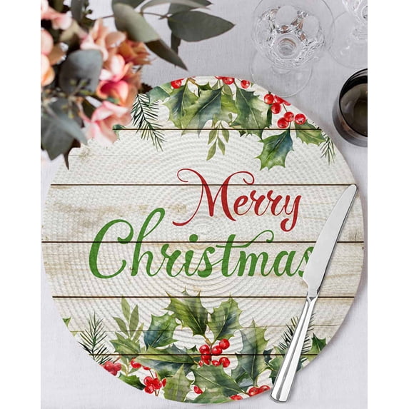 15 Inch Round Placemats Set of 4, Merry Christmas Non Slip Heat Insulation PP Table Mats, Xmas Winter Pine Needles Berries Wood Washable Place Mats for Kitchen Dining Party Table Decor
