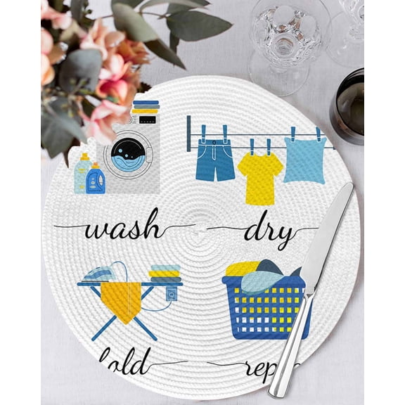 15 Inch Round Placemats Set of 4, Modern Minimalist Non Slip Heat Insulation PP Table Mats, Cartoon Laundry Room Washing Machine Washable Place Mats for Kitchen Dining Party Table Decor