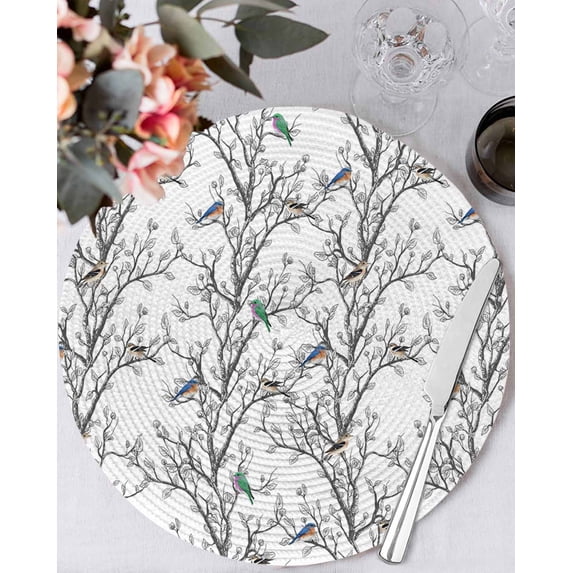 15 Inch Round Placemats Set of 4, Natural Trees Branches Non Slip Heat Insulation PP Table Mats, Colored Birds Vintage Rustic Washable Place Mats for Kitchen Dining Party Table Decor