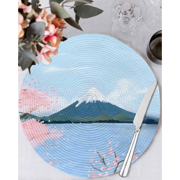 15 Inch Round Placemats Set of 4, Nature Mountain Non Slip Heat Insulation PP Table Mats, Spring Blossoms Cherry Flowers Scenery Washable Place Mats for Kitchen Dining Party Table Decor