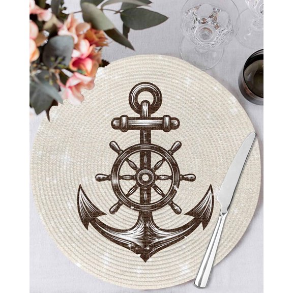 15 Inch Round Placemats Set of 4, Nautical Anchor Non Slip Heat Insulation PP Table Mats, Vintage Coastal Rudder Farmhouse Beige Washable Place Mats for Kitchen Dining Party Table Decor