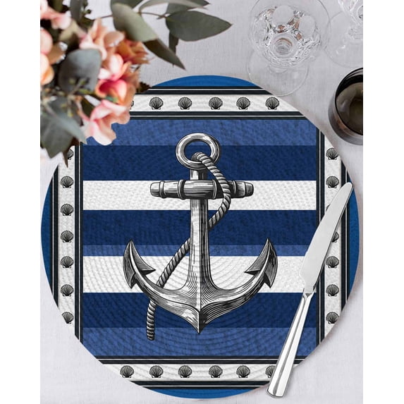 15 Inch Round Placemats Set of 4, Navy Blue Anchor Non Slip Heat Insulation PP Table Mats, Nautical Summer Beach Coastal Ocean Washable Place Mats for Kitchen Dining Party Table Decor