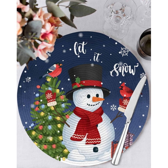 15 Inch Round Placemats Set of 4, Navy Blue Christmas Non Slip Heat Insulation PP Table Mats, Gifts Xmas Tree Snowman Snowflake Winter Washable Place Mats for Kitchen Dining Party Table Decor