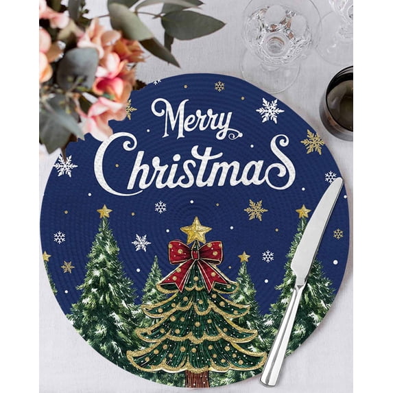15 Inch Round Placemats Set of 4, Navy Blue Christmas Non Slip Heat Insulation PP Table Mats, Green Xmas Tree Snowflake Winter Washable Place Mats for Kitchen Dining Party Table Decor