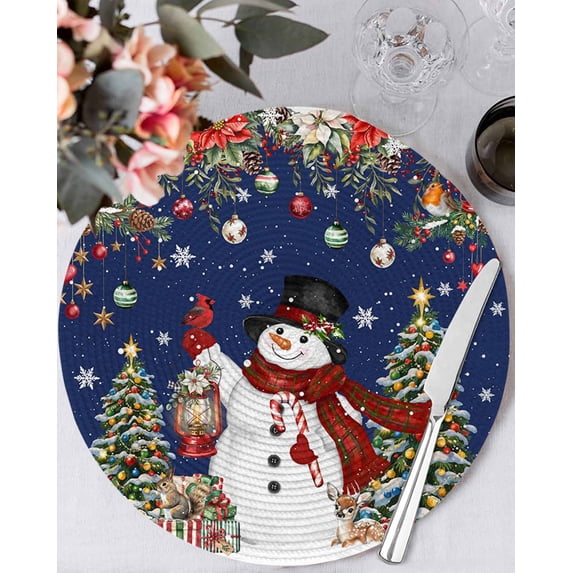15 Inch Round Placemats Set of 4, Navy Blue Christmas Non Slip Heat Insulation PP Table Mats, Snowman Xmas Tree Ball Snowflake Winter Washable Place Mats for Kitchen Dining Party Table Decor