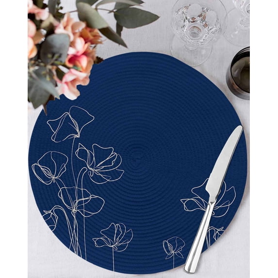 15 Inch Round Placemats Set of 4, Navy Blue Flowers Non Slip Heat Insulation PP Table Mats, Rustic Abstract Floral Simple Art Washable Place Mats for Kitchen Dining Party Table Decor