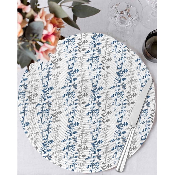 15 Inch Round Placemats Set of 4, Navy Blue Grey Botanical Non Slip Heat Insulation PP Table Mats, Spring Floral Summer Farmhouse Washable Place Mats for Kitchen Dining Party Table Decor