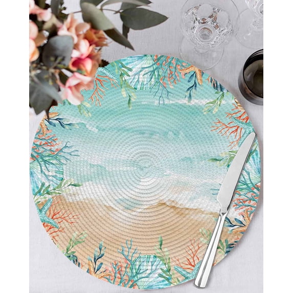 15 Inch Round Placemats Set of 4, Ocean Coastal Non Slip Heat Insulation PP Table Mats, Summer Nautical Beach Coral Starfish Washable Place Mats for Kitchen Dining Party Table Decor