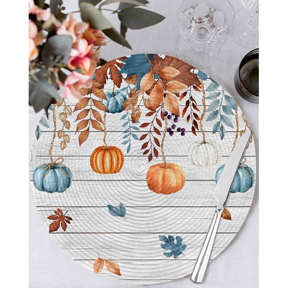 15 Inch Round Placemats Set of 4, Orange Blue Pumpkins Fall Non Slip Heat Insulation PP Table Mats, Weeping Botanical Thanksgiving Vintage Washable Place Mats for Kitchen Dining Party Table Decor