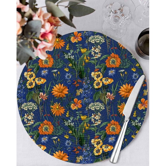 15 Inch Round Placemats Set of 4, Orange Blue Spring Floral Non Slip Heat Insulation PP Table Mats, Vintage Botanical Summer Flower Washable Place Mats for Kitchen Dining Party Table Decor