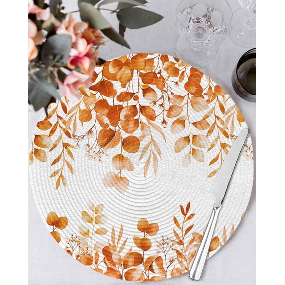 15 Inch Round Placemats Set of 4, Orange Eucalyptus Leaves Non Slip Heat Insulation PP Table Mats, Spring Summer Botanical Washable Place Mats for Kitchen Dining Party Table Decor