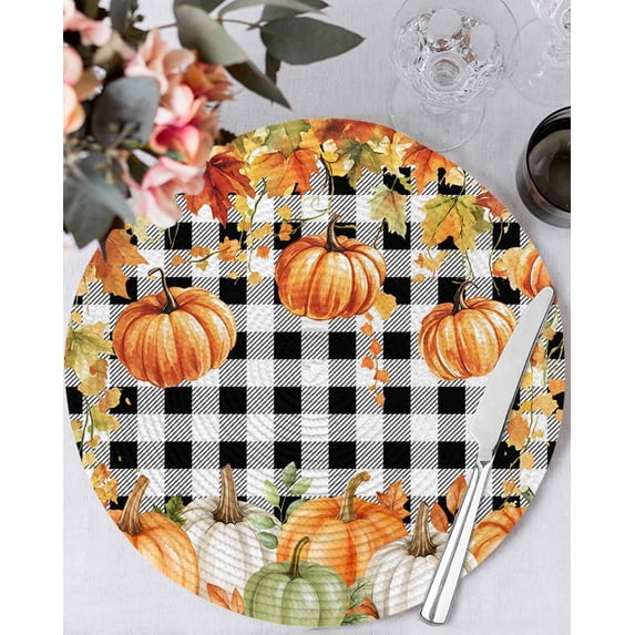 15 Inch Round Placemats Set of 4, Orange Green Pumpkins Fall Non Slip Heat Insulation PP Table Mats, Thanksgiving Botanical Plaid Washable Place Mats for Kitchen Dining Party Table Decor
