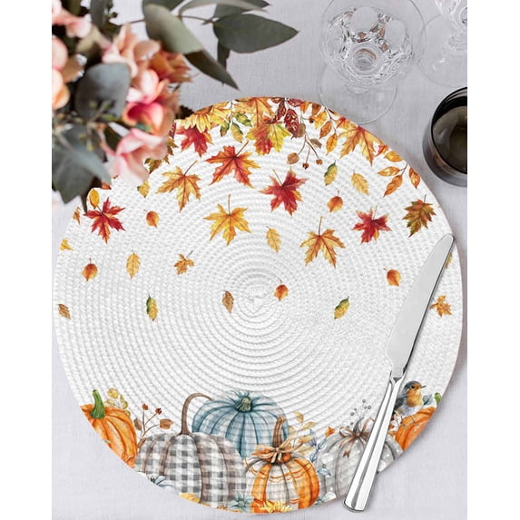 15 Inch Round Placemats Set of 4, Orange Grey Pumpkins Fall Non Slip Heat Insulation PP Table Mats, Maple Leaf Thanksgiving Botanical Washable Place Mats for Kitchen Dining Party Table Decor