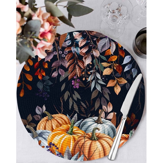 15 Inch Round Placemats Set of 4, Orange Pumpkin Fall Non Slip Heat Insulation PP Table Mats, Thanksgiving Eucalyptus Leaf Autumn Washable Place Mats for Kitchen Dining Party Table Decor
