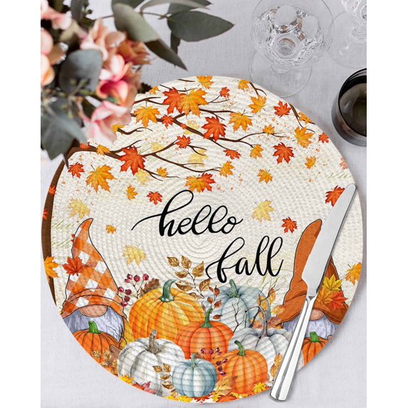15 Inch Round Placemats Set of 4, Orange Pumpkin Gnomes Fall Non Slip Heat Insulation PP Table Mats, Branches Leaves Thanksgiving Botanical Washable Place Mats for Kitchen Dining Party Table Decor