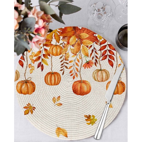 15 Inch Round Placemats Set of 4, Orange Pumpkins Fall Non Slip Heat Insulation PP Table Mats, Rustic Thanksgiving Maple Leaf Washable Place Mats for Kitchen Dining Party Table Decor