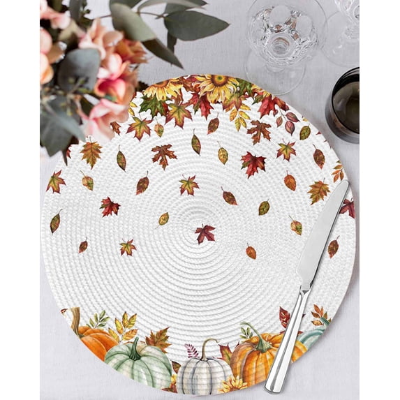 15 Inch Round Placemats Set of 4, Orange Pumpkins Fall Non Slip Heat Insulation PP Table Mats, Thanksgiving Autumn Maple Leaf Sunflower Washable Place Mats for Kitchen Dining Party Table Decor