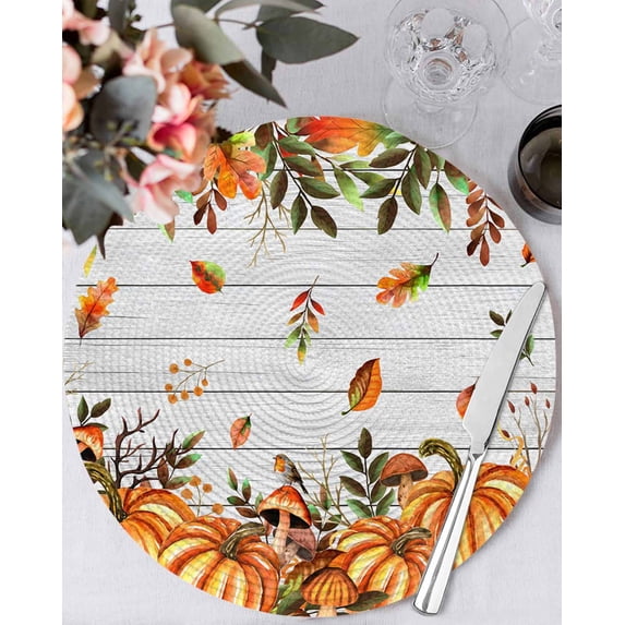 15 Inch Round Placemats Set of 4, Orange Yellow Pumpkin Fall Non Slip Heat Insulation PP Table Mats, Thanksgiving Leaves Botanical Wooden Washable Place Mats for Kitchen Dining Party Table Decor