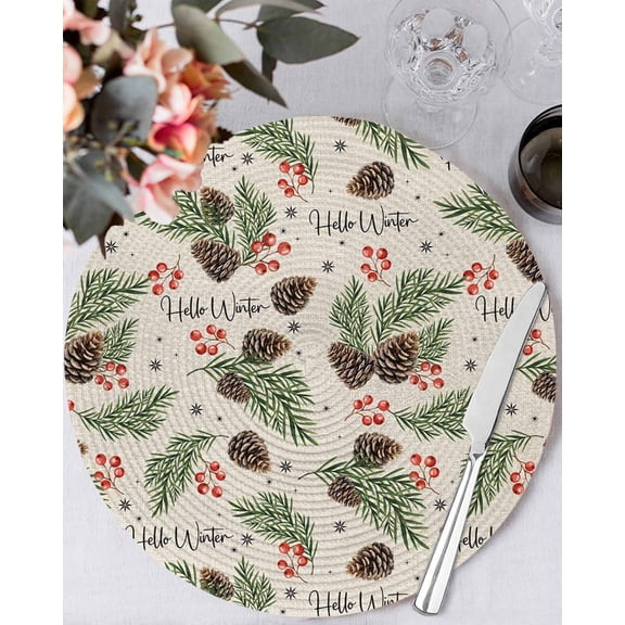 15 Inch Round Placemats Set of 4, Pine Cones Non Slip Heat Insulation PP Table Mats, Winter Berry Snowflakes Botanical Beige Washable Place Mats for Kitchen Dining Party Table Decor
