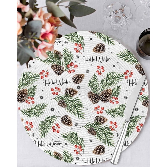 15 Inch Round Placemats Set of 4, Pine Cones Non Slip Heat Insulation PP Table Mats, Winter Branches Berry Snowflakes Plants Washable Place Mats for Kitchen Dining Party Table Decor