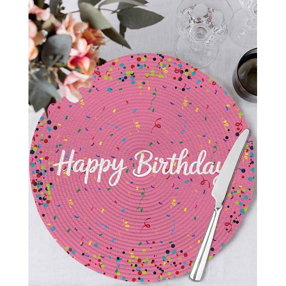 15 Inch Round Placemats Set of 4, Pink Birthday Non Slip Heat Insulation PP Table Mats, Colorful Confetti Ribbons Polka Dots Classroom Washable Place Mats for Kitchen Dining Party Table Decor